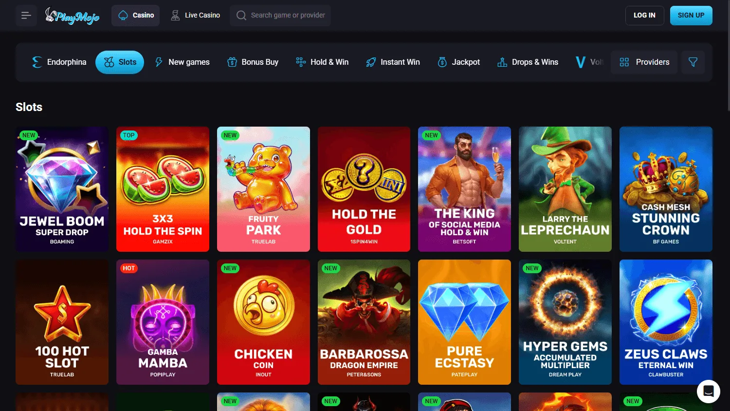 Playmojo Casino desktop games screen