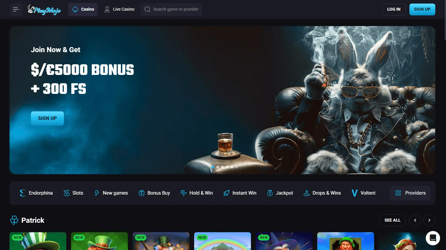 Playmojo Casino desktop home screen