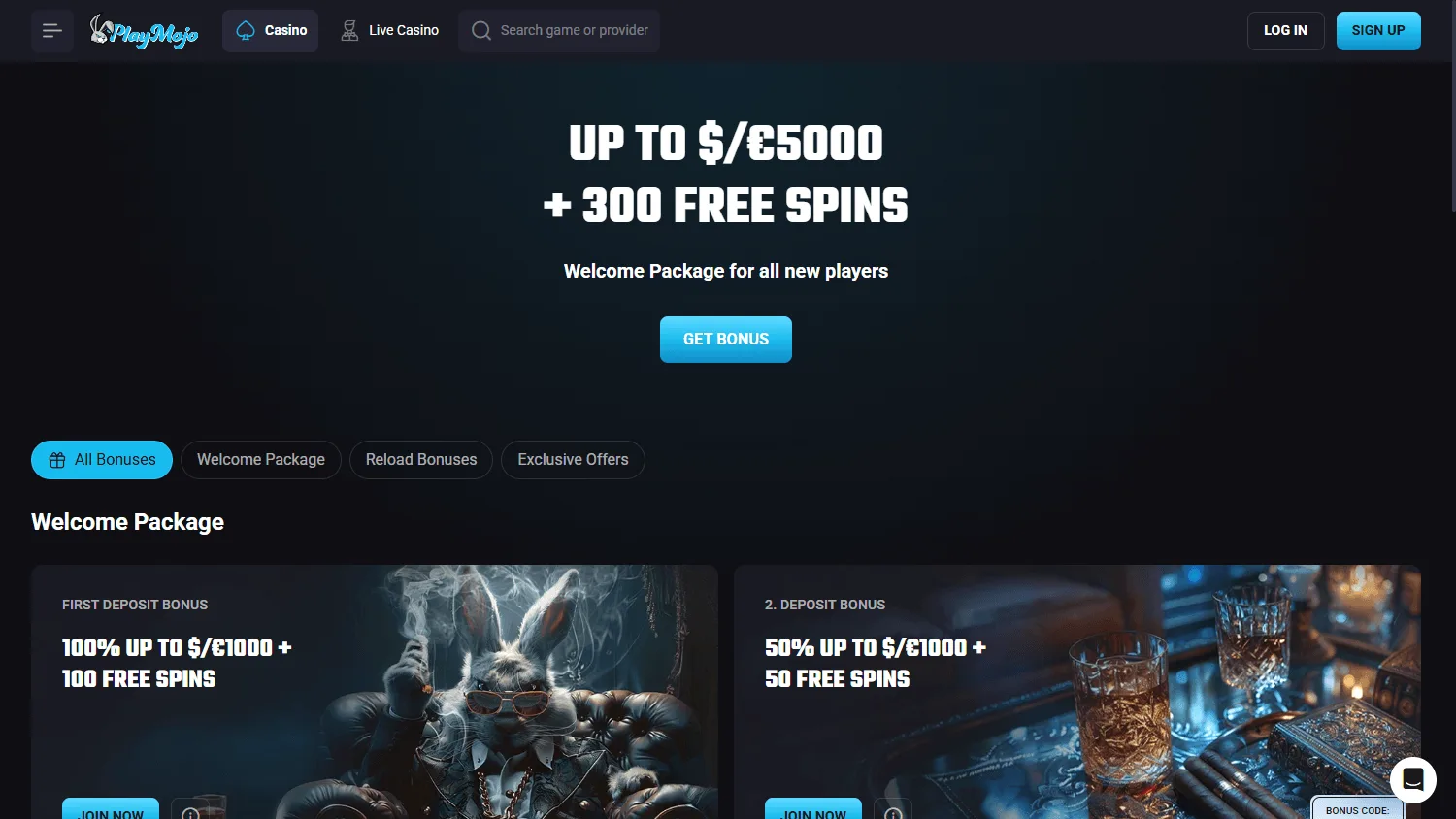 Playmojo Casino desktop promotions screen